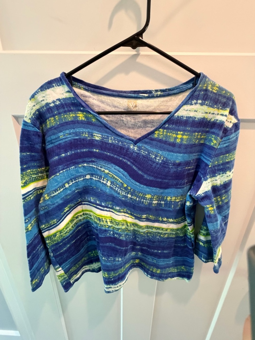 Anne Klein Sport Striped V Neck Top XL Blue Green 3/4 Sleeve Casual Knit Shirt